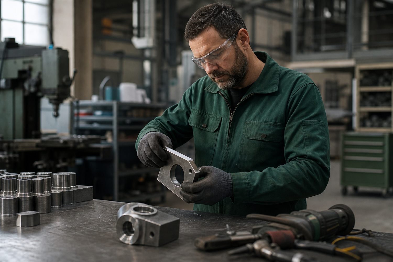 Medewerker controleert een onderdeel in een werkplaats